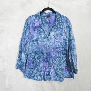 Krazy Kat Top XL Blue Purple Shirt Floral Leaf Batik Button Front 3/4 Sleeve